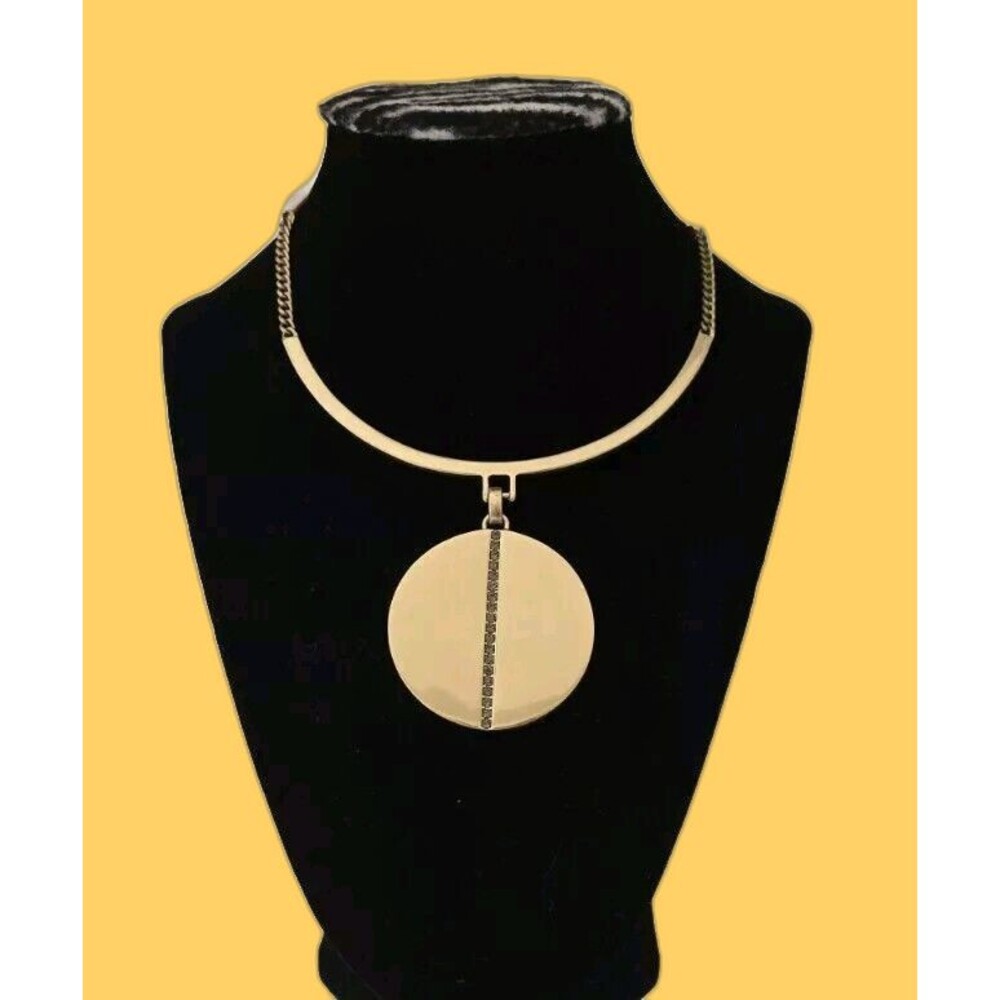 Kenneth Cole Gold Tone Rhinestones Disk Collar Necklace 14"-17.5"
